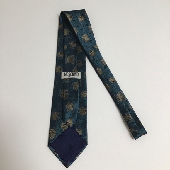 Moschino Tie Crowns 100% Silk Aqua Baron Viscount Marquess Duke Earl Vintage - Picture 12 of 15